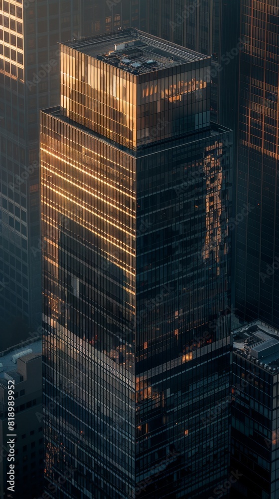 Skyscrapers in a city at sunset with a plane flying by Skyscrapers in a city at sunset with a plane flying by