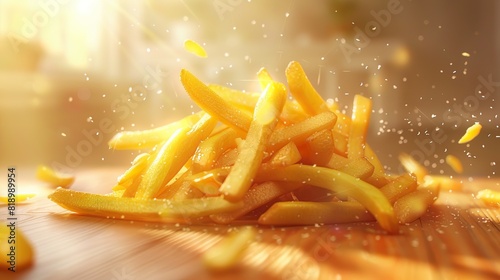 Fresh French fries on the wood table with sun light for product presentation 