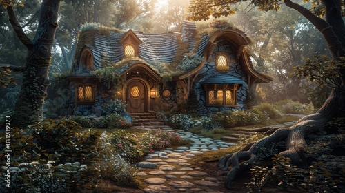 In an enchanted forest  a delightful village combines whimsical fairytale cottages with lush greenery and blooming flowers.