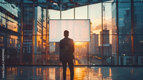 A man in a suit stands in a modern office building, looking out at the city skyline. He is contemplative and thoughtful, looking at possibilities. photo