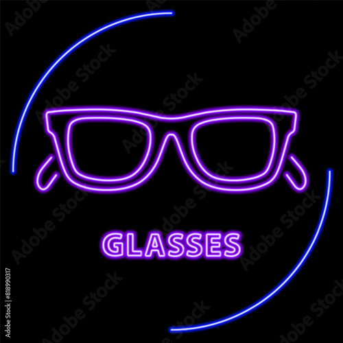 glasses neon sign, modern glowing banner design, colorful modern design trend on black background. Vector illustration.