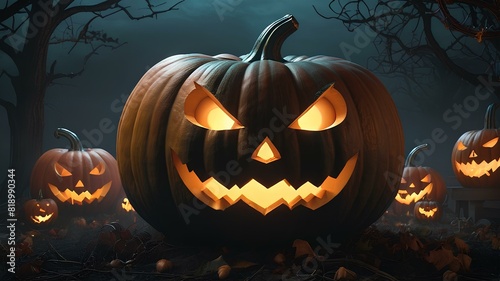 Giant scary smiling Halloween Pumpkin. Jack o lantern in night full moon graveyard mist smoke fall weather