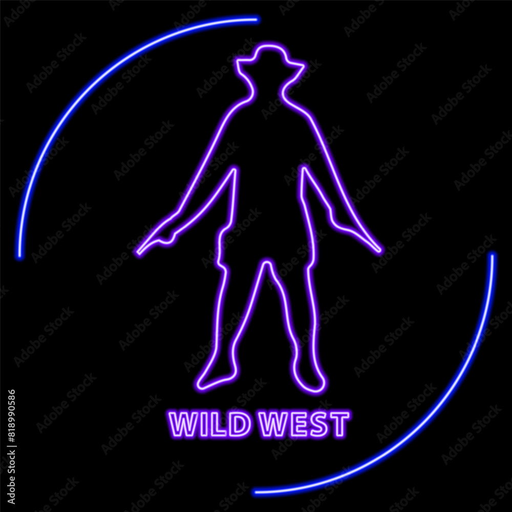 wild west neon sign, modern glowing banner design, colorful modern design trend on black background. Vector illustration.