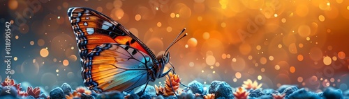 A vibrant illustration of a butterfly with colorful wings, set against a watercolor background photo