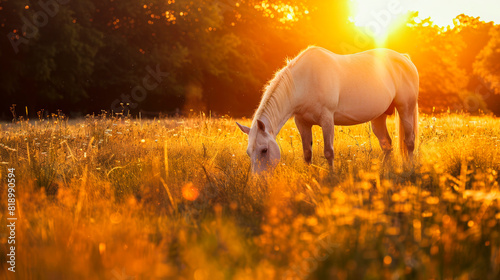 eaceful White Horse in Golden Hour Light.