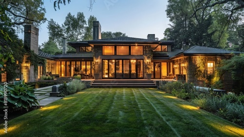 Design a custom outdoor lighting scheme with fixtures that complement the architectural style of the home. --ar 16:9 Job ID: 07ddba49-7970-43df-800f-51754ae52746