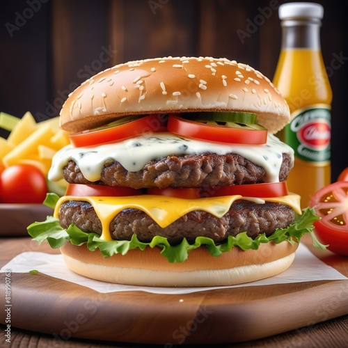 Juicy hamburger with beef cutlet, cheddar, lettuce and vegetables on a wooden background.