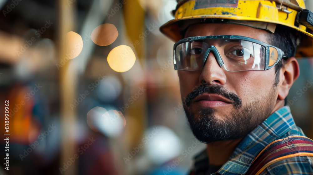 Close-up portrait of a determined male construction worker in safety gear at a bustling job site. Close-up portrait of a determined male construction worker in safety gear at a bustling job site.