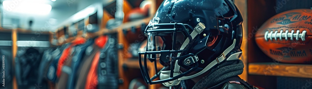 Fototapeta premium A close up of a football helmet and football in a locker room. The helmet is black and the football is brown.