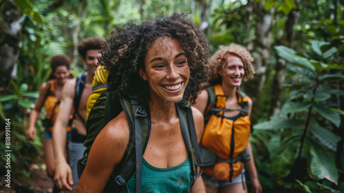 Fototapeta Naklejka Na Ścianę i Meble -  A group of multicultural friends with backpacks hiking and smiling in a lush jungle setting.