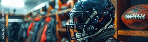 A close up of a football helmet and football in a locker room.  The helmet is black and the football is brown. © PARALOGIA
