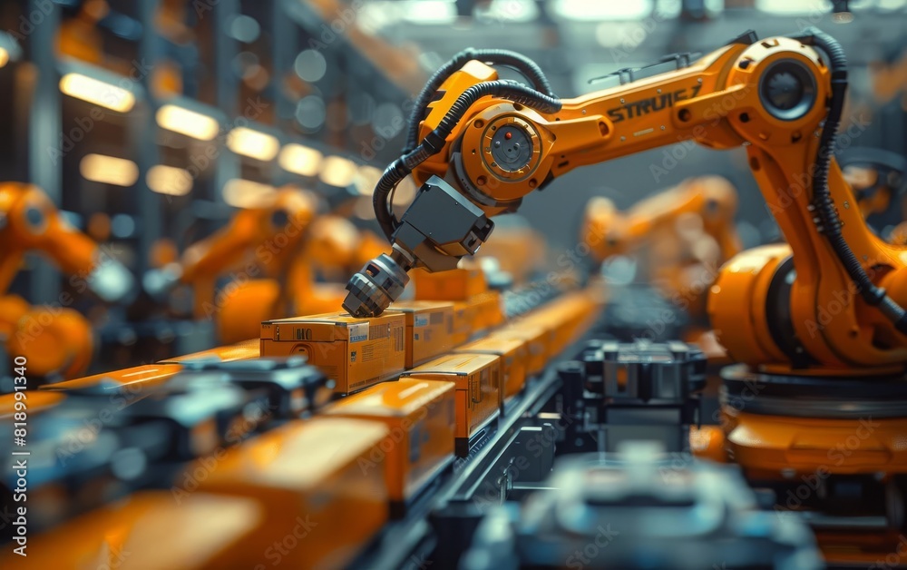 A robotic arm is working on an assembly line. The robot arm is orange and black. The background is blurred.