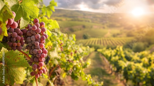 A sun-drenched vineyard overlooking rolling hills, with rows of lush grapevines heavy with ripening fruit, ready for harvest. 32k, full ultra hd, high resolution
