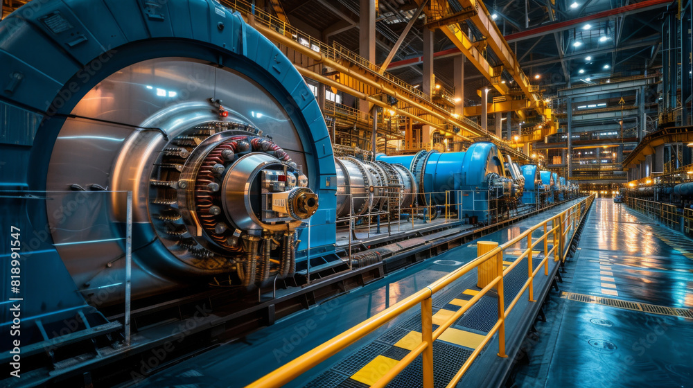 Obraz premium High-tech turbines in a massive industrial power generation facility with vibrant lighting.