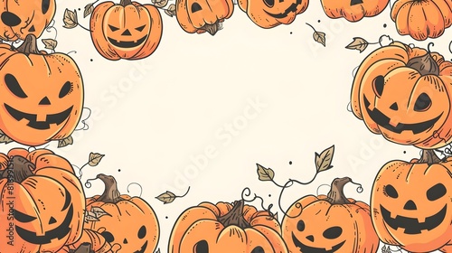 Cheerful Halloween Pumpkin Patch with Fall Leaves and Festive Autumn Backdrop photo