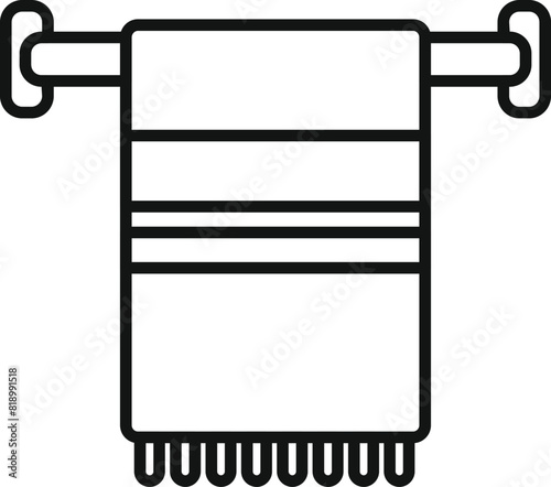 Simple black line icon of a wallmounted towel rack with hanging towel for bathroom decor