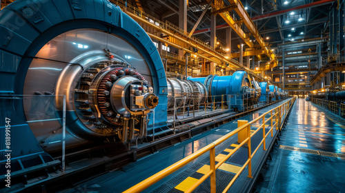 High-tech turbines in a massive industrial power generation facility with vibrant lighting.