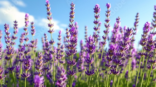 A sun-kissed field of lavender in full bloom  its fragrant purple flowers stretching towards the cloudless blue sky. 32k  full ultra hd  high resolution