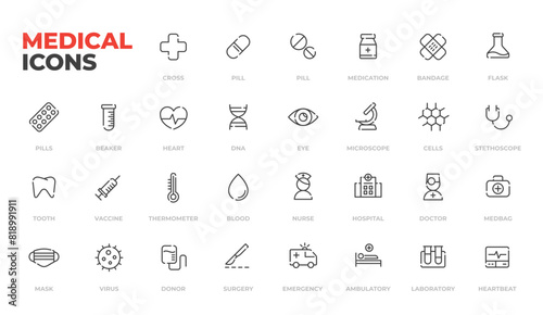 Medical icons set, line art minimal design: pills and bandage, nurse and doctor, heart and DNA, hospital and surgery, heart and eye, tooth and pills