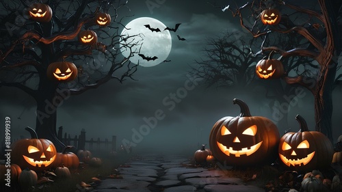 Halloween background illustration with scary glowing pumpkins and bats flying graveyard night full moon. With blank free space for text