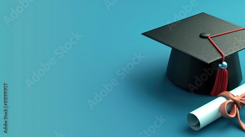 Graduation cap and diploma web banner, graduation mortar hat and degree on blue panoramic background with copy space 