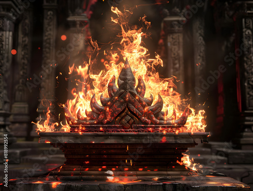 Vividly Detailed Fiery Altar with Roaring Flames from Intricately Designed Stone Structure, Ornate Carvings, Ancient Sacred Significance, Grandiose Pillars and Arches, Dramatic Mystical Ambiance
