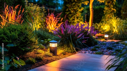 Experiment with different lighting techniques  such as uplighting  downlighting  and accent lighting  to create ambiance and highlight key features of the garden.