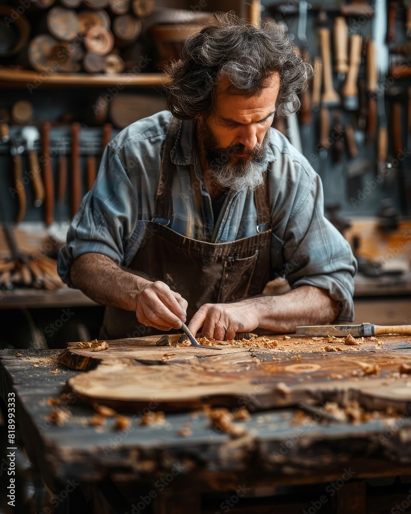 A skilled craftsman carefully chisels away at a piece of wood, creating a beautiful work of art. The focus is on the hands and the chisel.