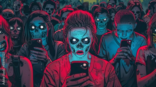 Zombie Crowd Engrossed in Smartphones