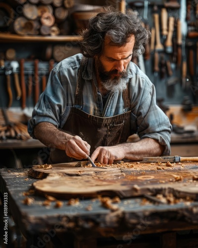 A skilled craftsman carefully chisels away at a piece of wood, creating a beautiful work of art. The focus is on the hands and the chisel. photo