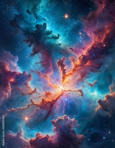 A vibrant interstellar cloud with intense hues illustrating a star-forming nebula, surrounded by the dark expanse of space. photo