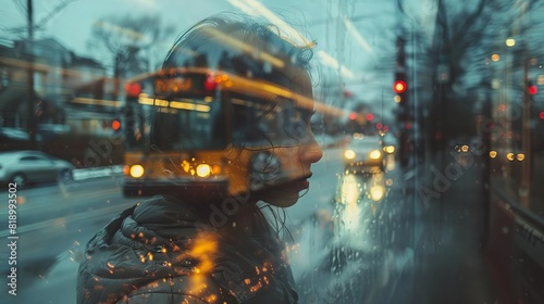 A young woman waits for the bus on a rainy day. She stares out the window, lost in thought. The city lights are reflected in the window, creating a beautiful and abstract scene.