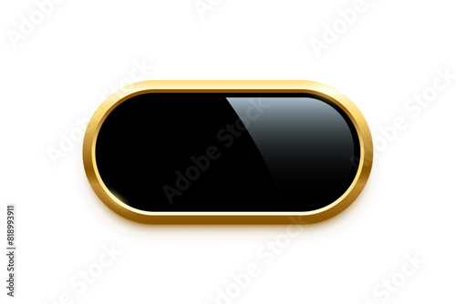 Black oval button with golden frame vector illustration. 3d glossy elegant design for empty label, emblem, medal or badge, shiny and gradient light effect on plate isolated on white background