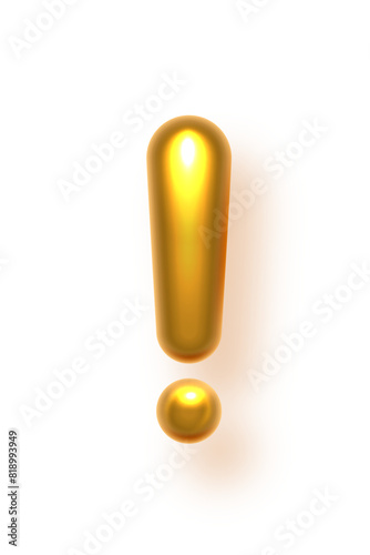 Gold exclamation icon. Golden alert mark in yellow balloon metal font. Caution symbol. Important information notice. Danger signal. 3d realistic vector illustration