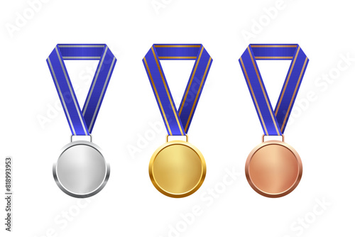 Gold, silver, bronze medals with blue ribbon set vector illustration. Realistic isolated trophy medal collection with metal reward badges for winners and champions