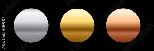 Award golden, silver and bronze blank medals 3d vector realistic illustration. First, second and third place medals or buttons isolated on black background. Quality blank, empty badge, emblem set