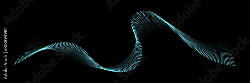 Dotted wavy line pattern vector illustration. Abstract blue wave flow isolated on black background. 3d modern dynamic energy bright music swirl