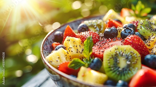 A bowl of mixed fruit salad featuring strawberries, blueberries, kiwi, and pineapple, sprinkled with chia seeds, photographed outdoors with a bright, sunny backdrop