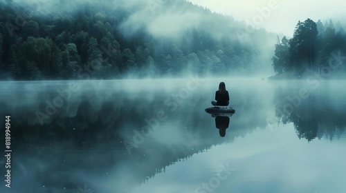 A lone figure sits on a rock in the middle of a misty lake photo