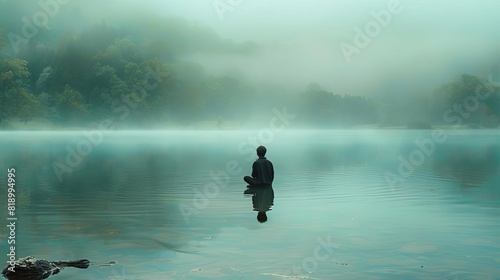 A lone figure sits on a lake surrounded by a thick fog photo