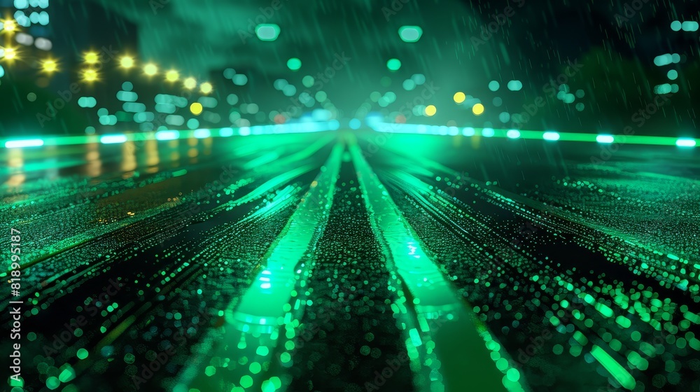 Create a 3D illustration of a night road illuminated by vibrant green light, showing the intricate details of the pavement (close up, urban nightlife, realistic, overlay, cityscape backdrop) Create a 3D illustration of a night road illuminated by vibrant green light, showing the intricate details of the pavement (close up, urban nightlife, realistic, overlay, cityscape backdrop)
