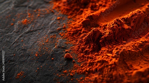 image showcasing the intricate patterns and rich reds of paprika powder, forming a mesmerizing contrast against a sleek black surface.