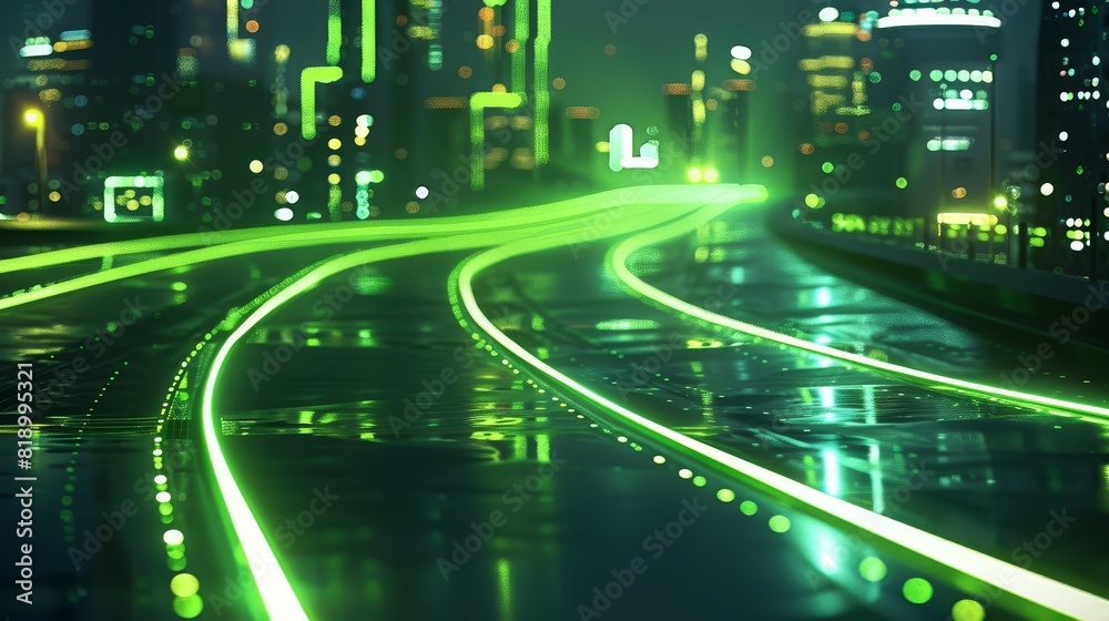 Generate a 3D rendering of a night road with vibrant green light glowing along the edges, highlighting the asphalt texture (focus on, futuristic night, surreal, composite, futuristic backdrop) Generate a 3D rendering of a night road with vibrant green light glowing along the edges, highlighting the asphalt texture (focus on, futuristic night, surreal, composite, futuristic backdrop)