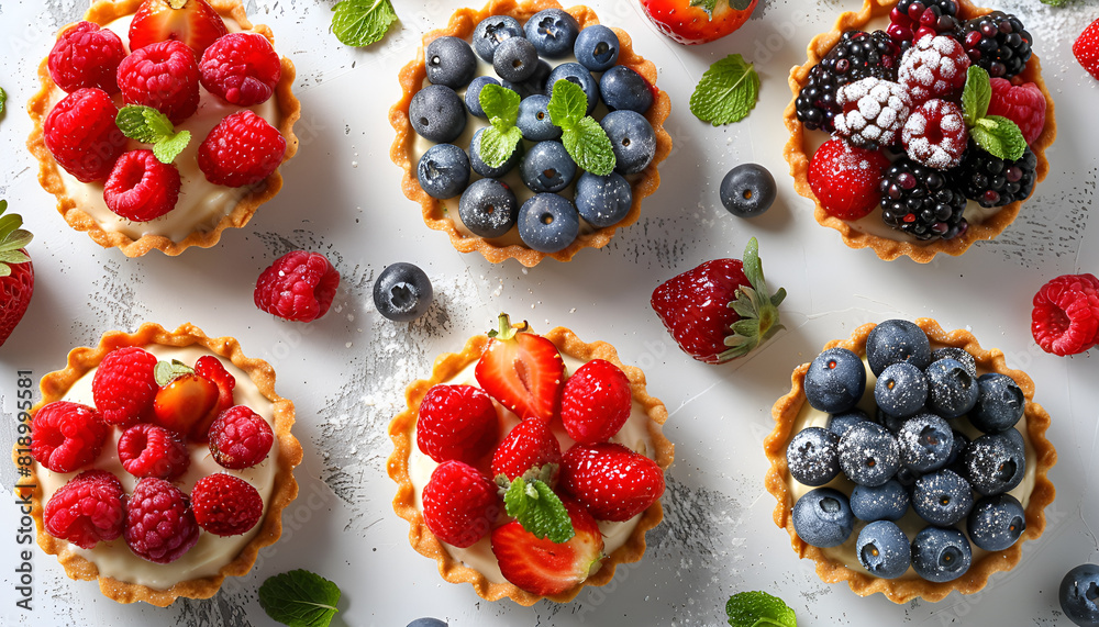 Tartlets with different fresh berries on light table, flat lay. Delicious dessert Tartlets with different fresh berries on light table, flat lay. Delicious dessert
