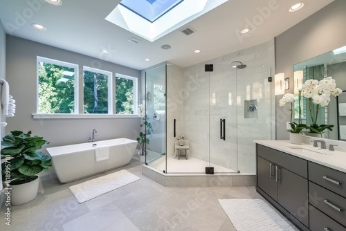 Modern Serenity  Spacious Bathroom in Tranquil Gray Tones with Luxurious Heated Floors