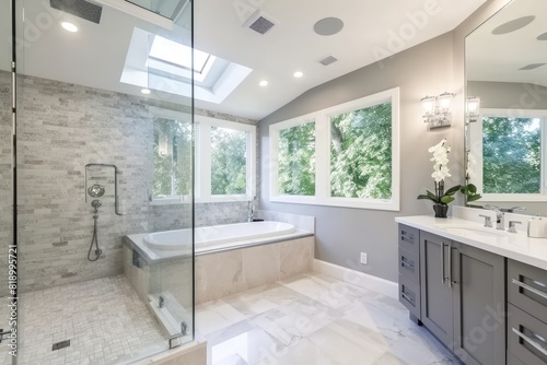 Contemporary Comfort  Expansive Bathroom with Gray Color Scheme and Warm Heated Flooring