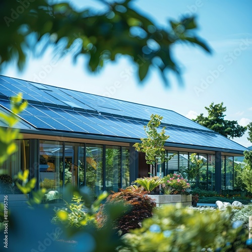 Solar energy panels gleam on the roof of a green house  harnessing the sun s power for eco-friendly living  with a focus on future electric engineering technology.