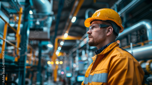 Portrait of a focused factory worker in yellow safety gear, working attentively within an industrial plant.