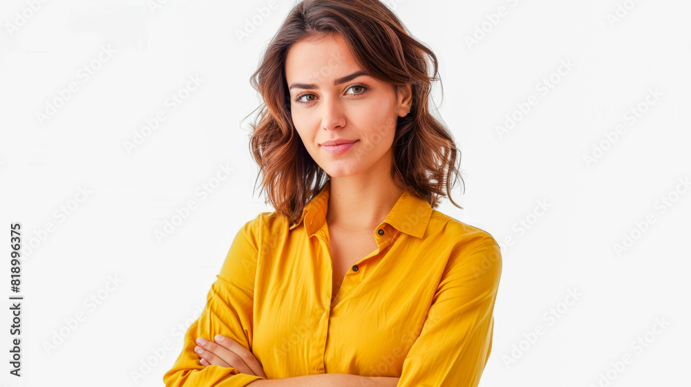 Confident Woman with Arms Crossed in Yellow Shirt Confident Woman with Arms Crossed in Yellow Shirt