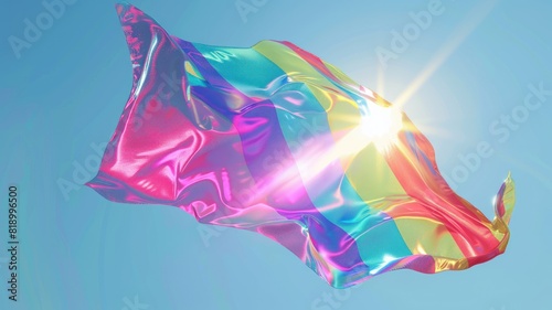 A holographic rainbow flag with futuristic elements  fluttering against a clear blue sky  digital art  high saturation 